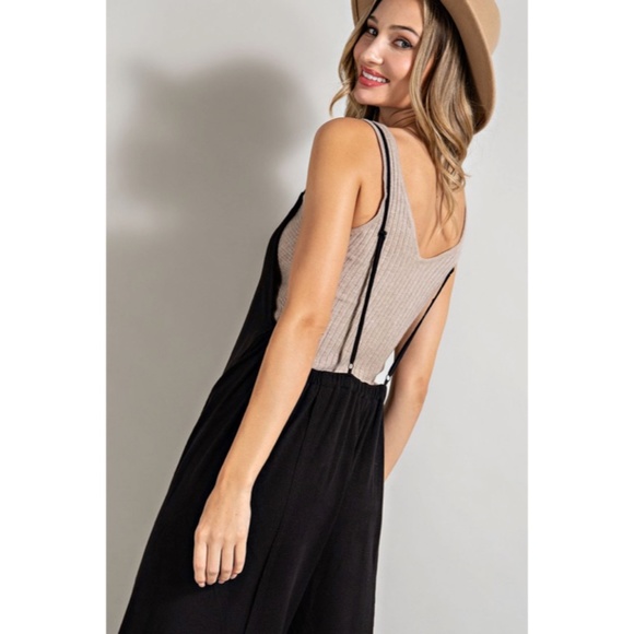 SOLD OUT Comfy Black Open Back Knit Wide Leg Boho Overalls Casual Solid Women's - Picture 6 of 6